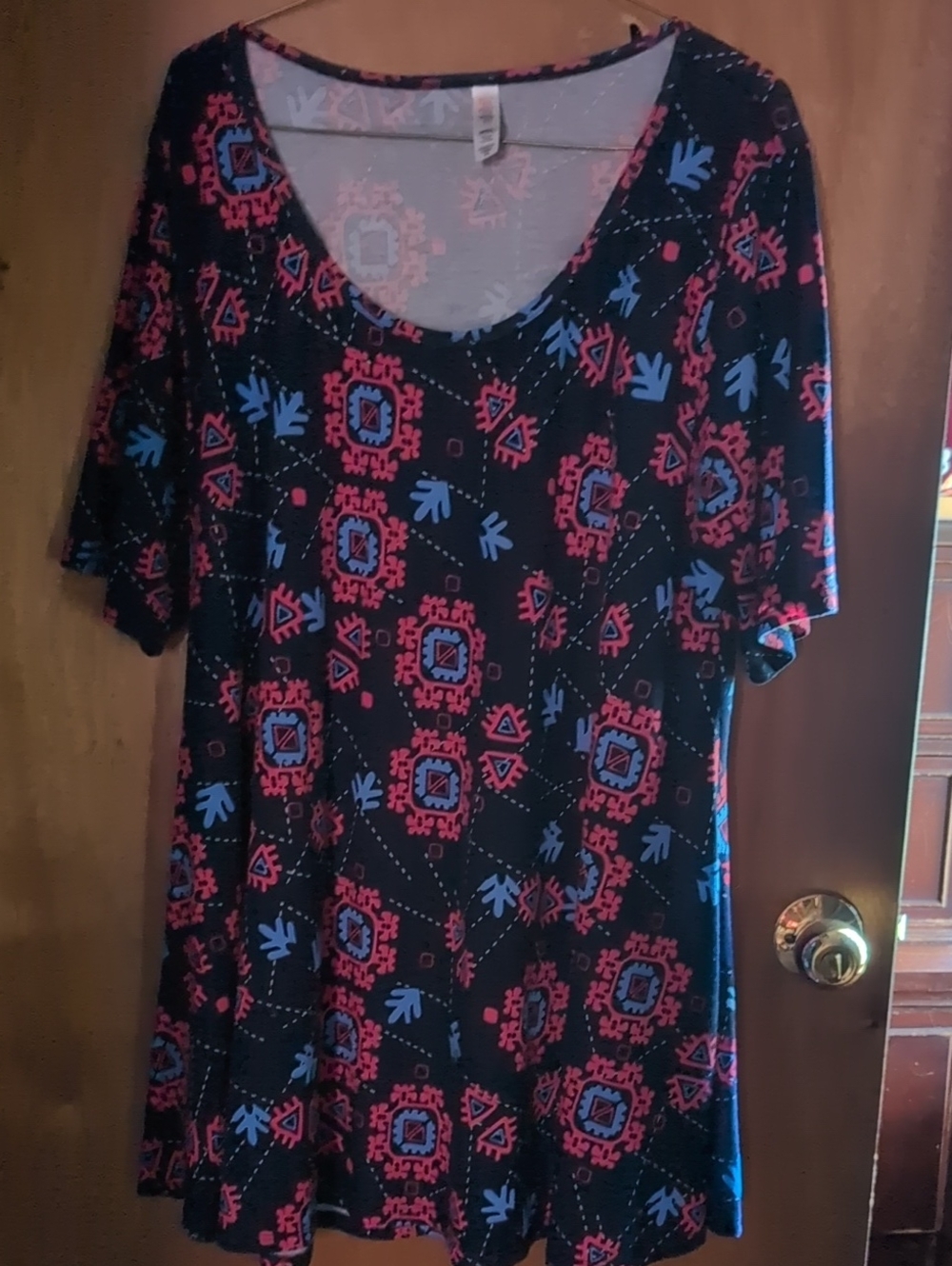 LuLaRoe Black Tunic with Pink & Blue Geometric Print